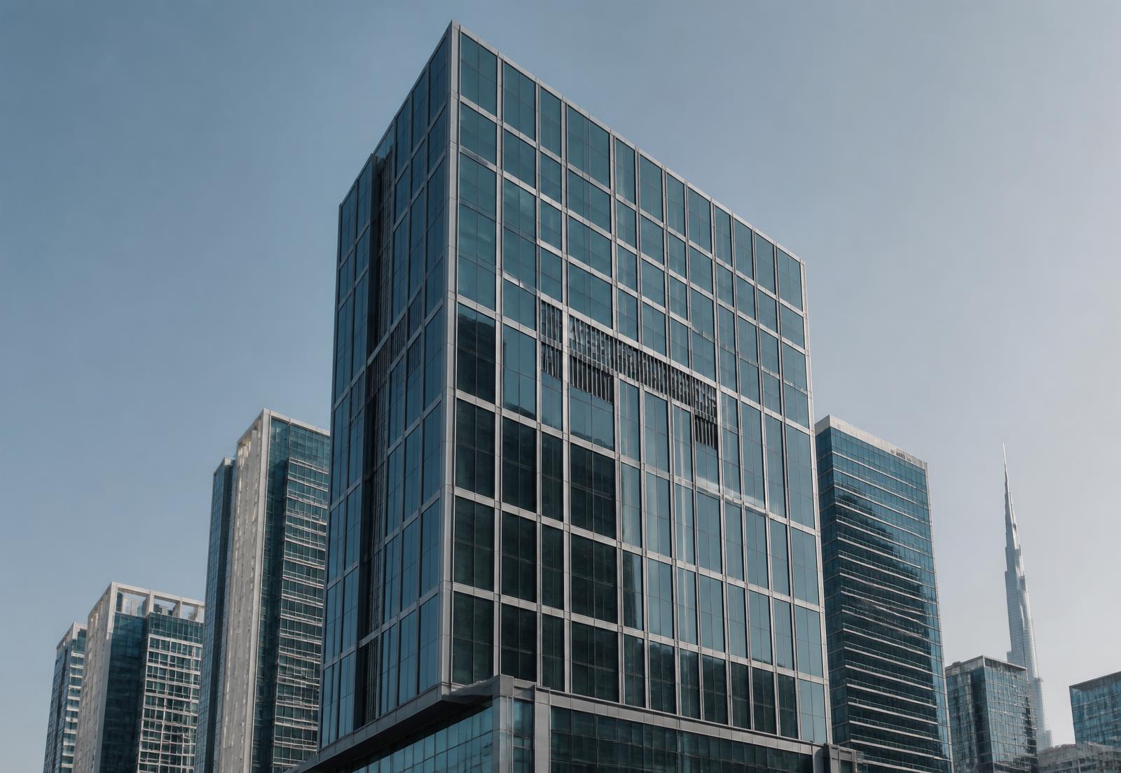 Geometric grid of glass and steel on a Dubai commercial tower
