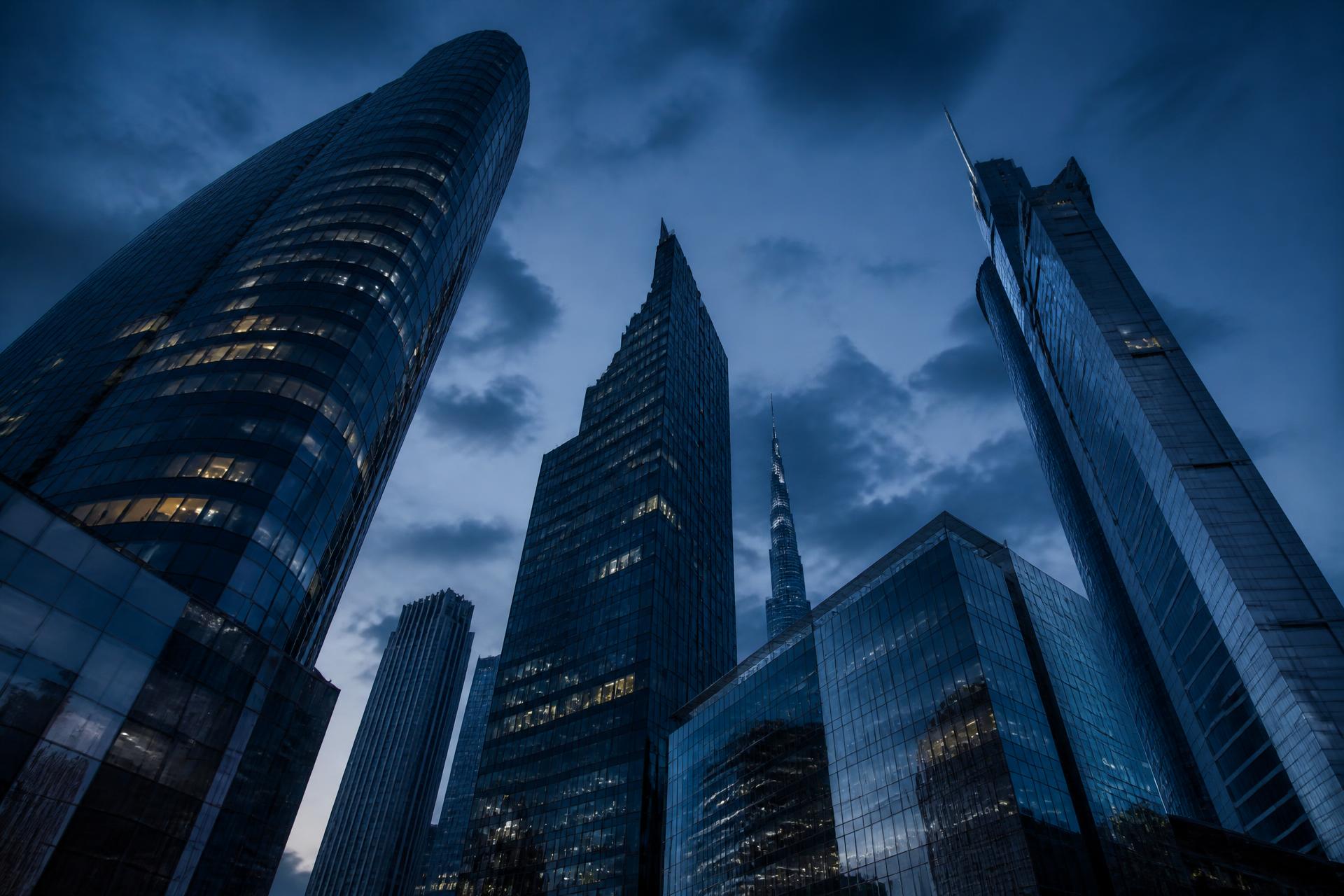 Dubai commercial towers photographed from below at blue hour