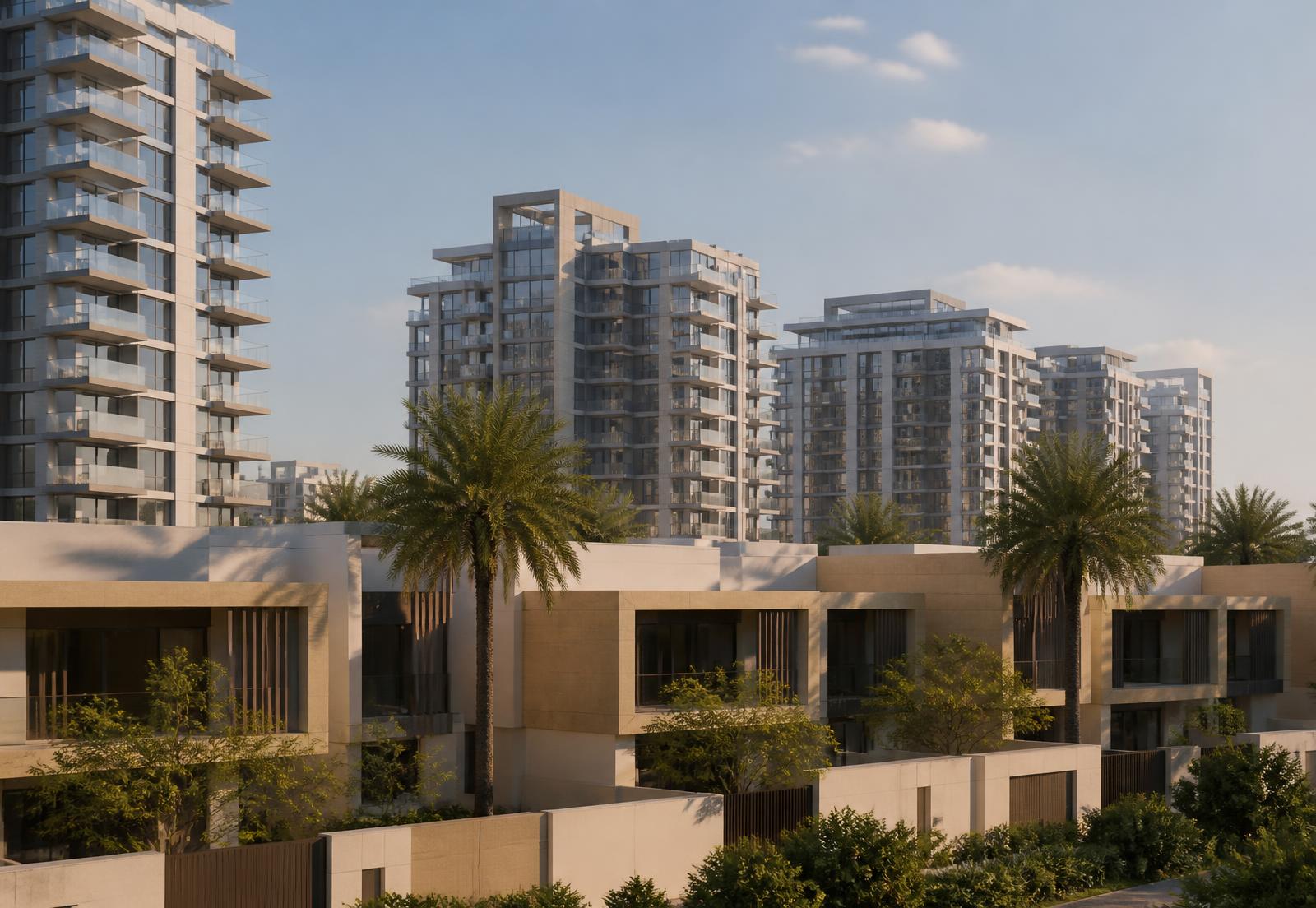 Contemporary Dubai residential architecture in warm afternoon light